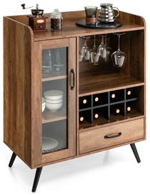 Garrafeira para vinhos Armário para licores com porta e gaveta Estante para vinhos e suporte para copos para cozinha Bar castanho 80 x 40 x 95 cm cast