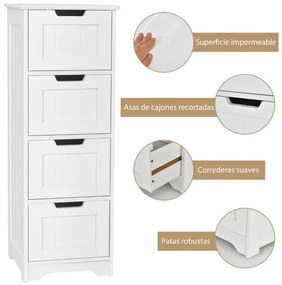 Armário de casa de banho com 4 gavetas Gaveta de armazenamento de piso Móveis auxiliares Cozinha Quarto Sala de estar 30 x 30 x 83 cm Branco