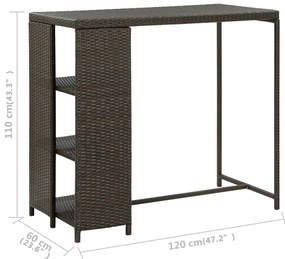 Mesa de bar com prateleiras 120x60x110 cm vime PE castanho