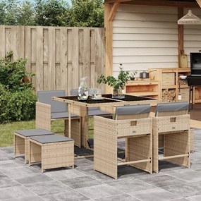vidaXL 9 pcs conj. jantar jardim c/ almofadões vime PE bege misturado