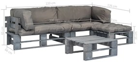 Conj. lounge de paletes 4 pcs com almofadões cinzentos madeira