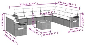 11 pcs conjunto sofás de jardim c/ almofadões vime PE bege