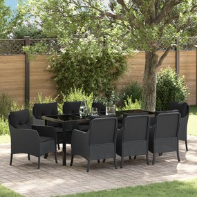 Conjunto de Jantar de Jardim com Almofadas Preto Rattan Poliéster