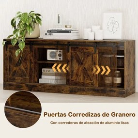 Móvel TV estilo rústico 150 x 39 x 60 cm com portas deslizantes tipo celeiro, prateleiras ajustáveis e kits antiderrapantes Café