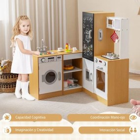 Cozinha de brincar para crianças em madeira 127 × 31 × 107 cm com sons e luzes realistas Dispensador Natural + Branco