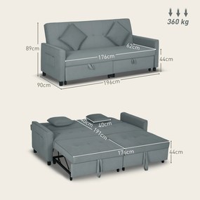 Sofá-cama de 3 lugares, reversível, com encosto ajustável e almofadas, 196 x 90 x 89 cm, cinzento