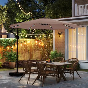 Guarda-sol 300 x 260 cm com base, iluminação LED, 9 modos, ajuste fácil da inclinação, rotação de 360° Café
