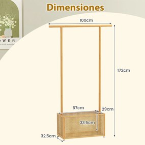 Cabide Guarda Roupa de bambu 100 x 32,5 x 172 cm Suporte para pendurar casacos com cesto de rattan e rodas com barra natural