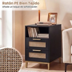 Mesa de cabeceira, Mesa apoio 60 x 35 x 61 cm em rattan com estação de carregamento e 2 gavetas estilo boho preto e dourado