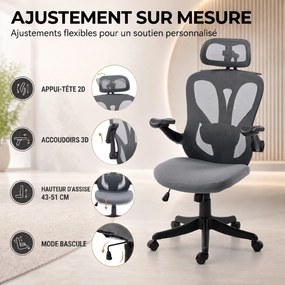 Cadeira de escritório ergonómica com braços 3D e apoio para a cabeça ajustável, cadeira de escritório em malha, cinzenta
