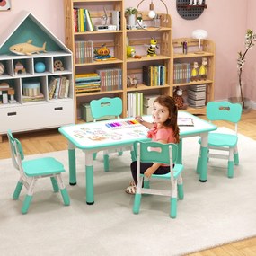 Conjunto de mesa para crianças e 4 cadeiras mesa regulável em altura com superfície de graffiti multifunções para arte e estudo Verde