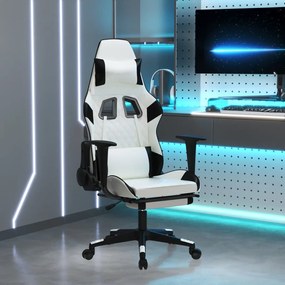 Cadeira gaming c/ apoio p/ pés couro artificial preto e branco