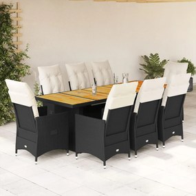 vidaXL 9 pcs conjunto de bistrô p/ jardim c/ almofadões vime PE preto