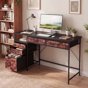 Secretária para computador 120 x 50 x 77 cm com prateleira e gavetas em tecido, estrutura metálica Castanha