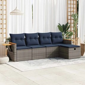 5 pcs conjunto sofás de jardim c/ almofadões vime PE cinzento
