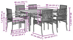 7 pcs conjunto de jantar p/ jardim c/ almofadões vime PE cinza