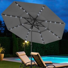 Guarda-sol Jardim de 313 cm com 32 luzes LED Teto ventilado de 3 níveis Ajuste de inclinação Cinzento