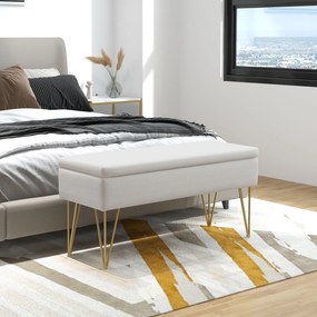 Banco com baú de arrumação 2 em 1 em tecido com pés em forma de alfinete em aço dourado 100 x 40 x 49 cm creme