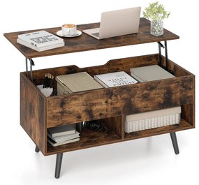 Mesa de centro 80 x 40 x 44,5 cm elevável em madeira com compartimento oculto e 2 prateleiras abertas café