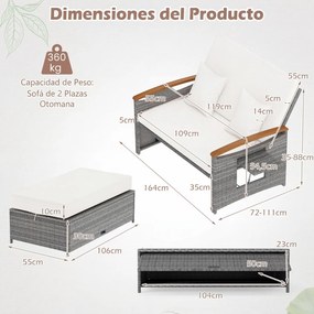 Conjunto de Sofá-Cama de Jardim com Otomano e Mesas Laterais, 164 x 72-111 x 54,5-88 cm, Encosto Ajustável em 4 Níveis, cinzento e Branco