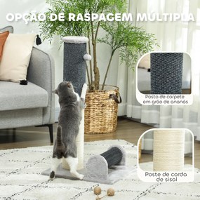 Arranhador para Gatos com Poste de Sisal Escova de Auto Higiene e Bola Suspensa 40x48x85 cm Cinza e Creme