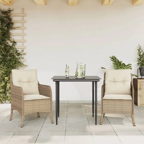 3 pcs conjunto de jantar p/ jardim com almofadões vime PE bege