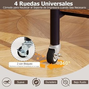 Suporte para impressora de 3 níveis 49 x 40 x 65/77 cm com 2 alturas ajustáveis Prateleiras de armazenamento Rodas universais bloqueáveis Café