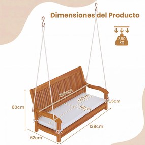 Banco Baloiço de Jardim para 2 Pessoas, 126 x 62 x 60 cm, Madeira de Acácia com Almofada, Natural