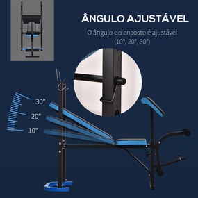 Banco de Musculação Multifuncional (PESOS E BARRA NÃO INCLUIDA) com Suporte para Barras e Encosto Ajustável 155x56,5x120 cm Preto e Azul