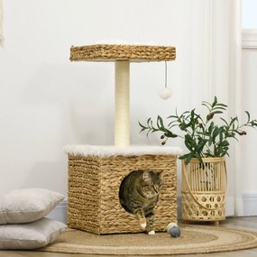Arranhador para gatos de 2 níveis com 1 nicho, 1 poste de sisal, 1 plataforma de observação e 1 pompom suspenso