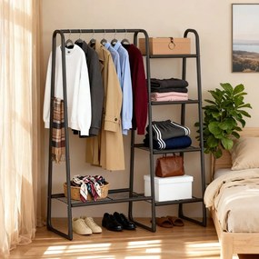 Guarda-roupa aberto, cabideiro com 5 prateleiras em metal 40 x 101,7 x 153,3 cm preto