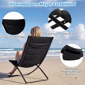 Conjunto de 2 Cadeiras de Praia Dobráveis, 90 x 57 x 87 cm, Assentos Acolchoados, Preto