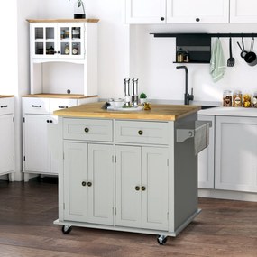 Carrinho Ilha de Cozinha com Rodas 2 Gavetas 4 Portas Suporte para Temperos e Barra Lateral 111x44,5x82,5 cm Cinzento e Madeira