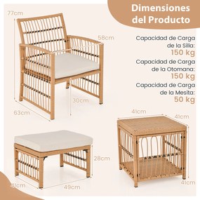 Conjunto de jardim exterior de 5 peças: mesa e cadeiras de rattan PE com almofadas macias, mesa de centro de 2 níveis e 2 Pufes, cor natural e almofad