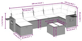 8 pcs conjunto sofás de jardim c/ almofadões vime PE castanho