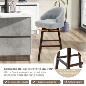 Conjunto de 2 bancos de bar giratórios com pernas de madeira de borracha encosto almofadado tecido de linho e rebite 55 x 53 x 105 cm Cinzento