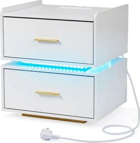 Mesa de cabeceira com base de carregamento LED, 2 gavetas, arrumação semi-suspensa e base metálica 45 x 40 x 48 cm Branca