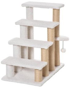 Escada para Gatos de 4 Níveis Coberta de Pelúcia Suave Poste de Juta Bola Pendurada Arranhador para Gatos 60x40x64 cm Branco