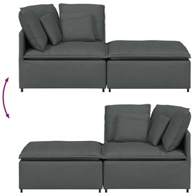 Sofá modular com pufes e almofadas tecido cinzento-escuro