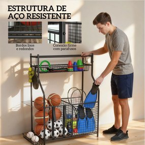 Organizador de Equipamentos Desportivos com Cesto Ganchos Removíveis e Faixas Elásticas Suporte para Bolas 92x42x109 cm Preto