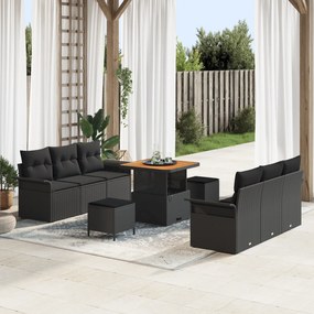 Conjunto de Sofá de Jardim com Almofadas Preto Vime Acácia - 9 Peças