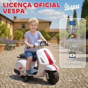 Mota Elétrica para Crianças 6V com Licença Vespa Rodas Auxiliares Velocidade de 2,5km/h Farol e Buzina 71x37x52 cm Branco