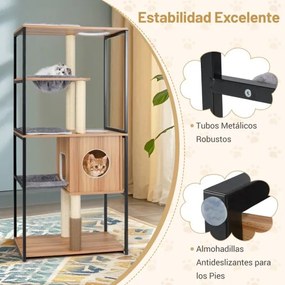 Arranhador para gatos com 160 cm de altura e estrutura metálica Plataformas de poleiro Rede e poste de arranhar para gatos com escovagem automática Na