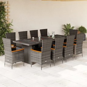 vidaXL 11 pcs conjunto jantar p/ jardim c/ almofadões vime PE cinzento