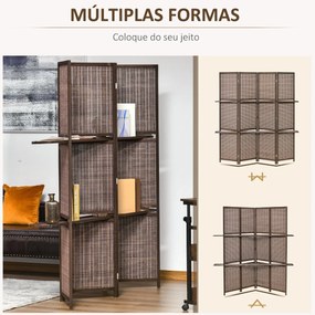 Biombo de 4 Panéis Dobrável com 2 Prateleiras Removíveis - Design Japo