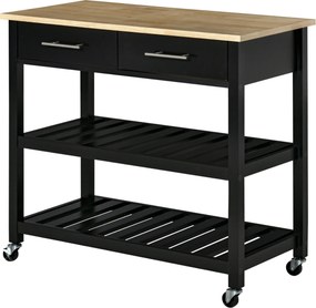 Carrinho de cozinha com rodas 91,4  x 45,6  x 85  cm, 2 prateleiras e 2 gavetas, preto e madeira natural