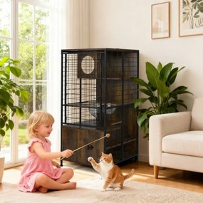 Gaiola moderna para gatos 60 x 60 x 125 cm com torre multinível com estrutura metálica Orifícios Porta com fechadura Almofadas ajustáveis Castanho
