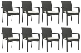 9 pcs conjunto de jantar p/ jardim c/ almofadões vime PE preto