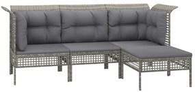 4 pcs conjunto lounge de jardim c/ almofadões vime PE cinzento