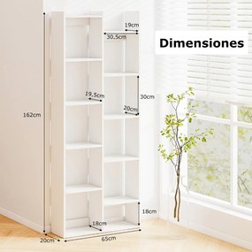 Estante de 12 níveis moderna e organizadora, para livros, para escritório em casa, 65 x 20 x 162 cm Branca